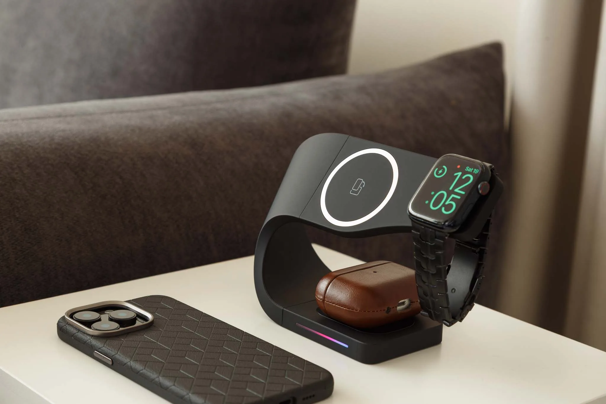 Modern standard wireless charger and phone on a table, shoot for social media