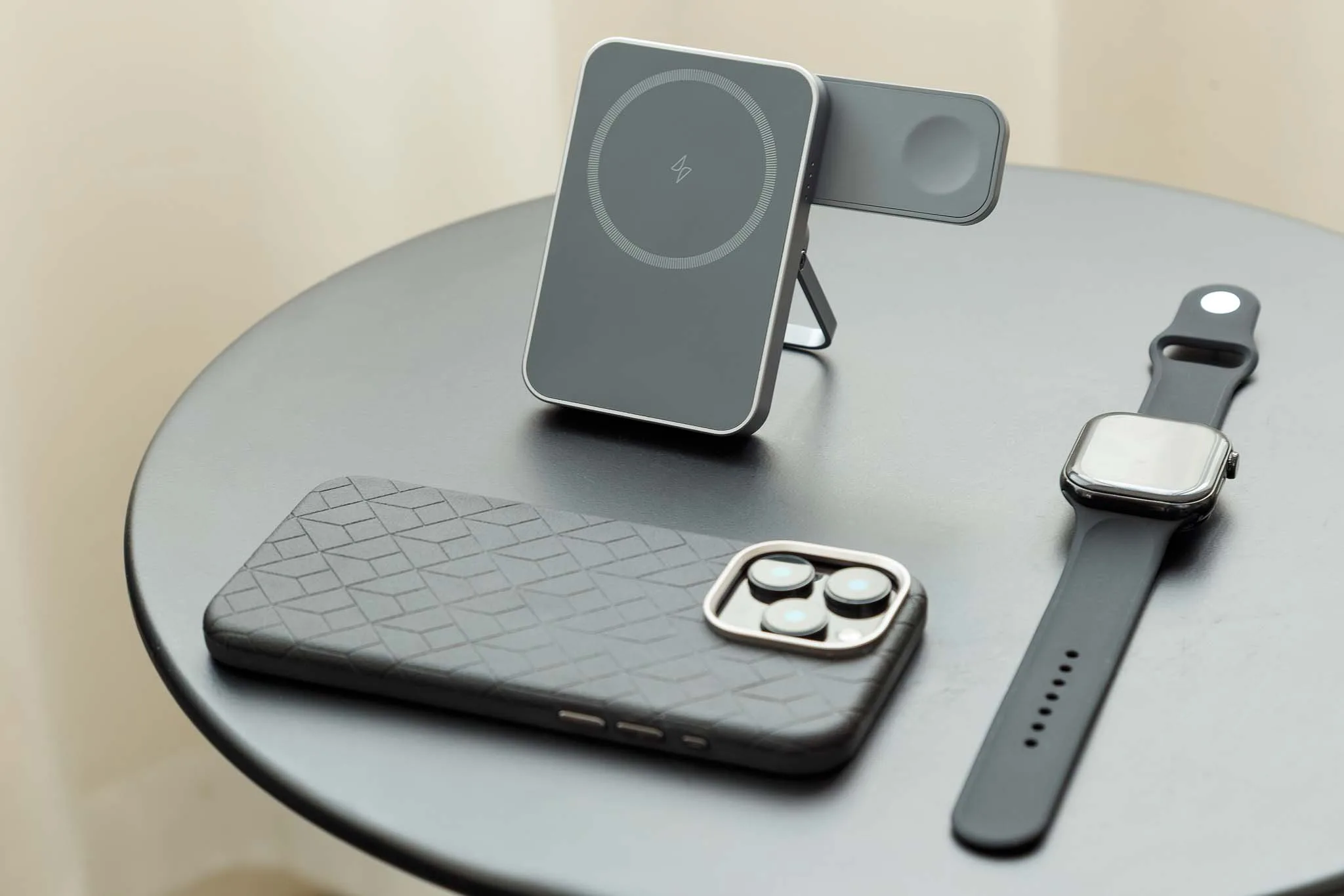 Modern standard wireless power bank and phone on a table, shoot for social media